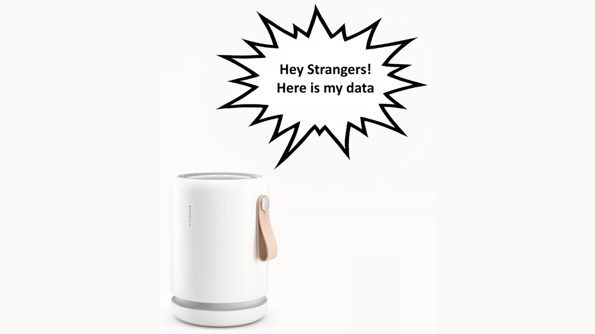 A Molekule air filter with a speech bubble reading: "Hey Strangers! Here is my data"
